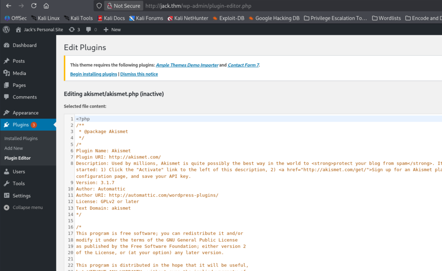 Plugin editor open showing Akismet source